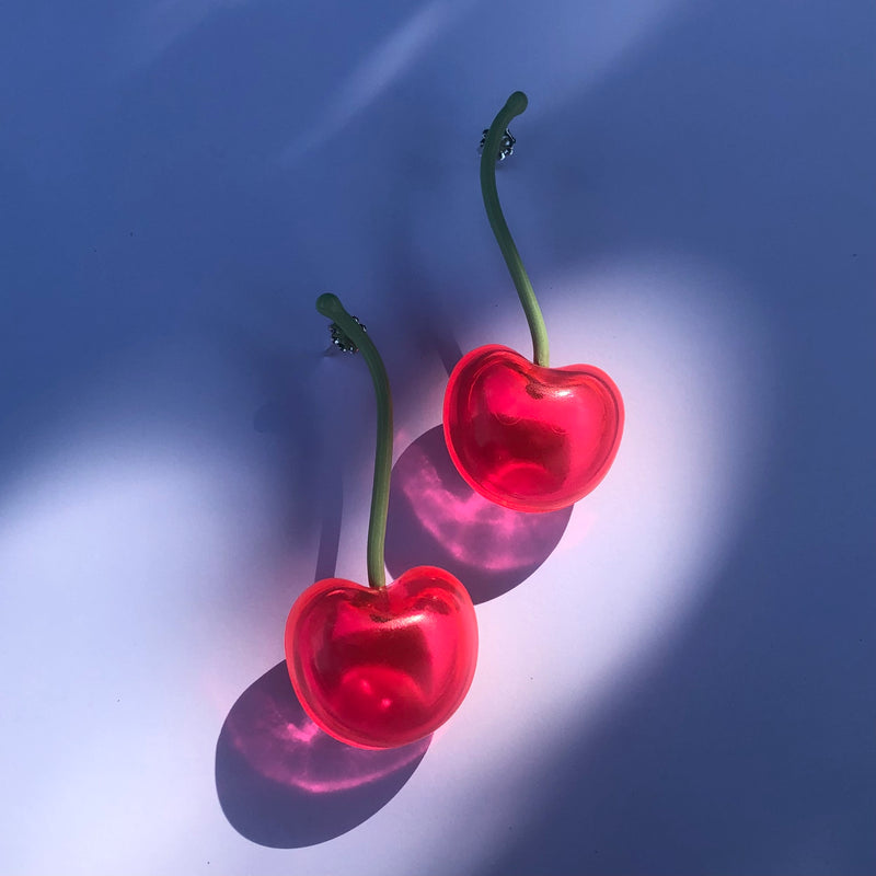 Puffy Cherry Earrings on Stem