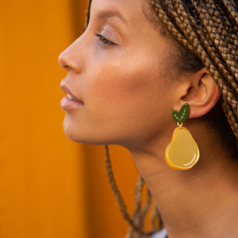 large gold pear earrings by woll jewelry