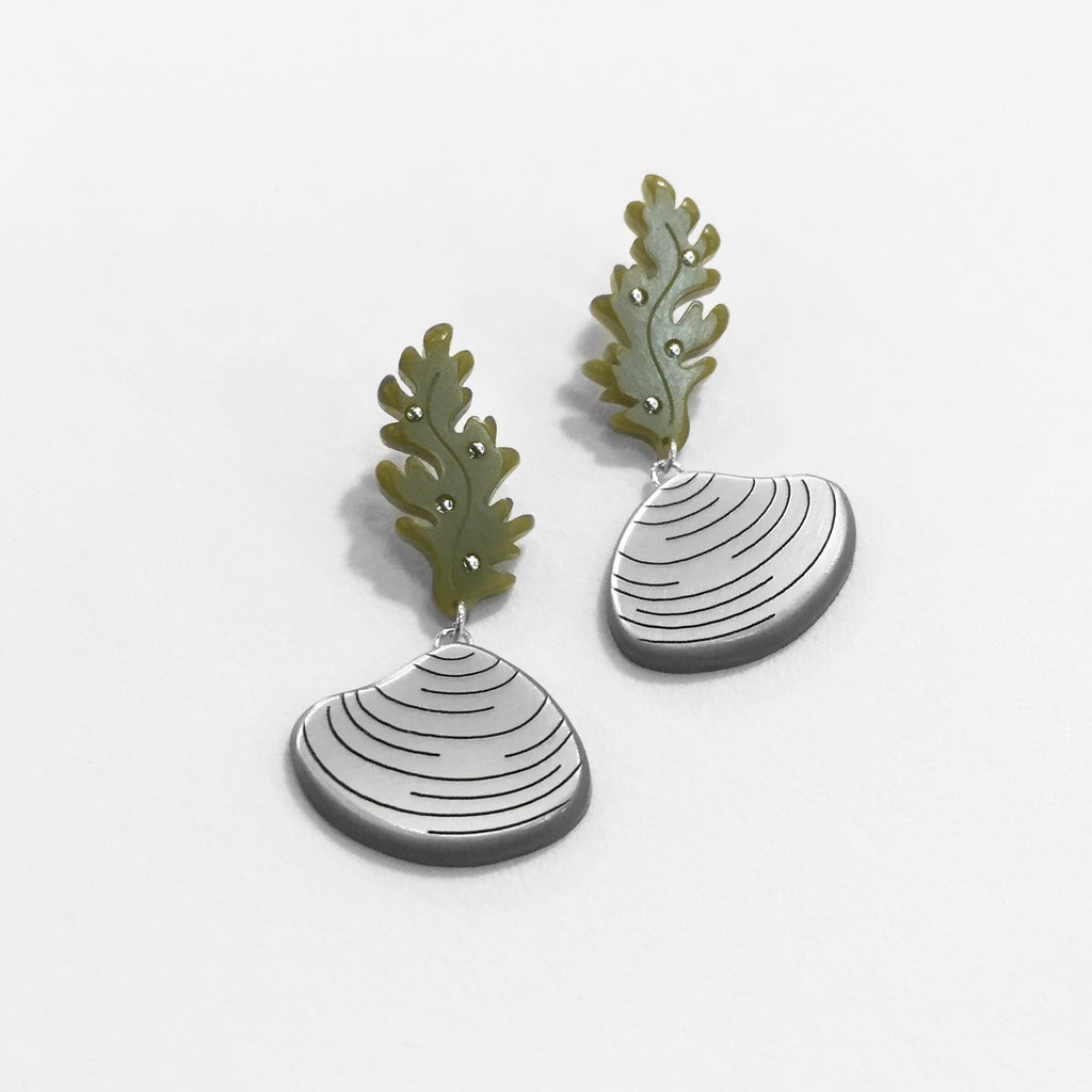 clam earrings with kelp leaf